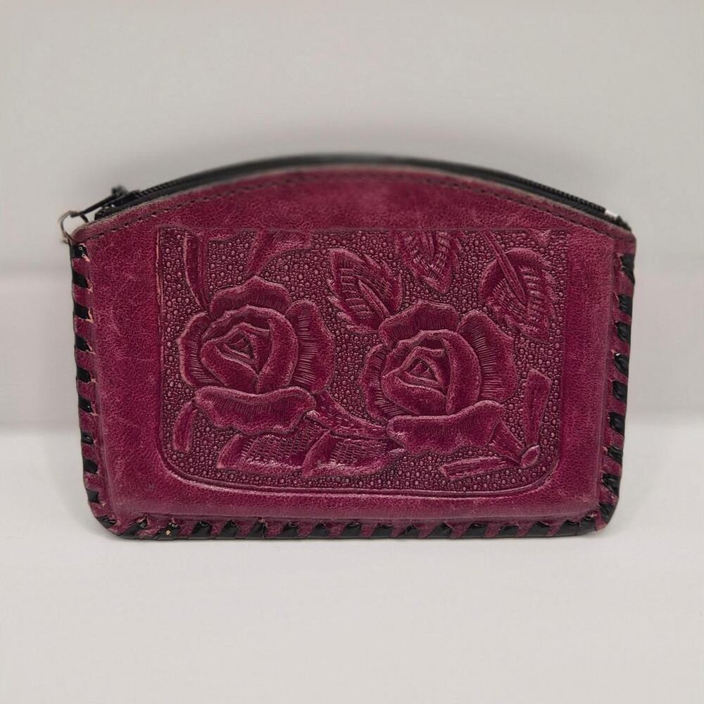 Vintage Hand-Tooled Leather Rose Coin Purse | Boho Western Plum‎